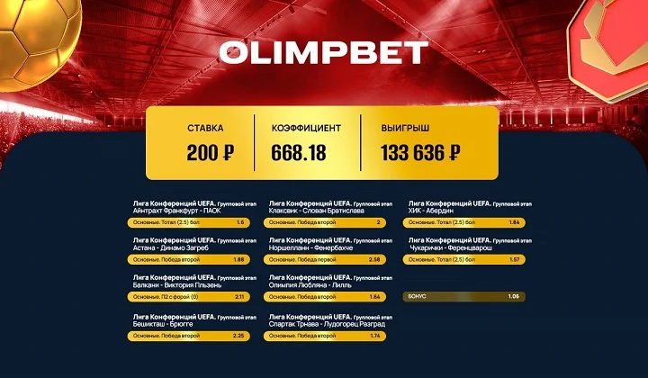 Клиент Olimpbet поднял 133 тысячи на Лиге конференций Клиент Olimpbet поднял 133 тысячи на Лиге конференций