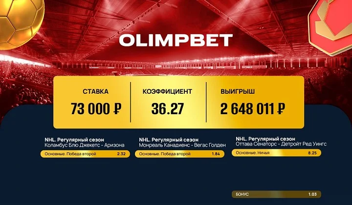 Экспресс на матчи НХЛ принес клиенту Olimpbet 2,6 миллиона рублей Экспресс на матчи НХЛ принес клиенту Olimpbet 2,6 миллиона рублей