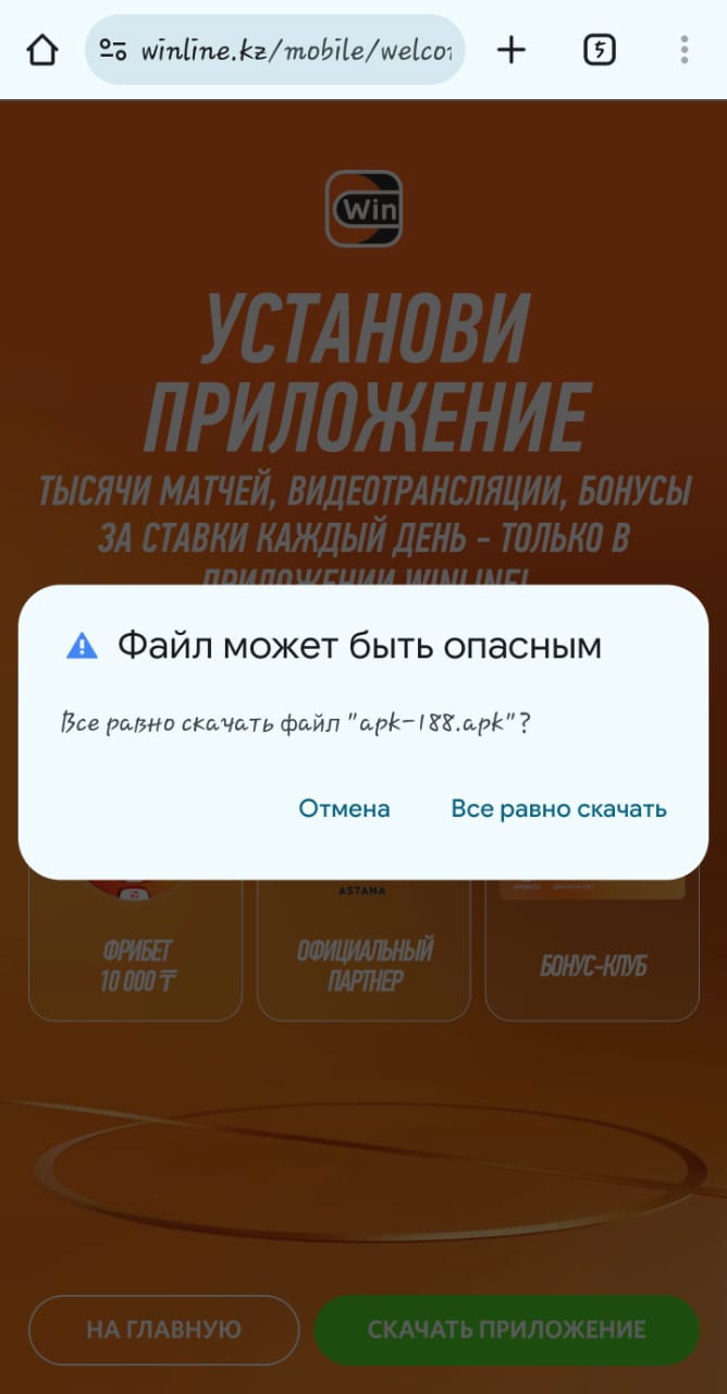 Подтверждение скачивания приложения Винлайн