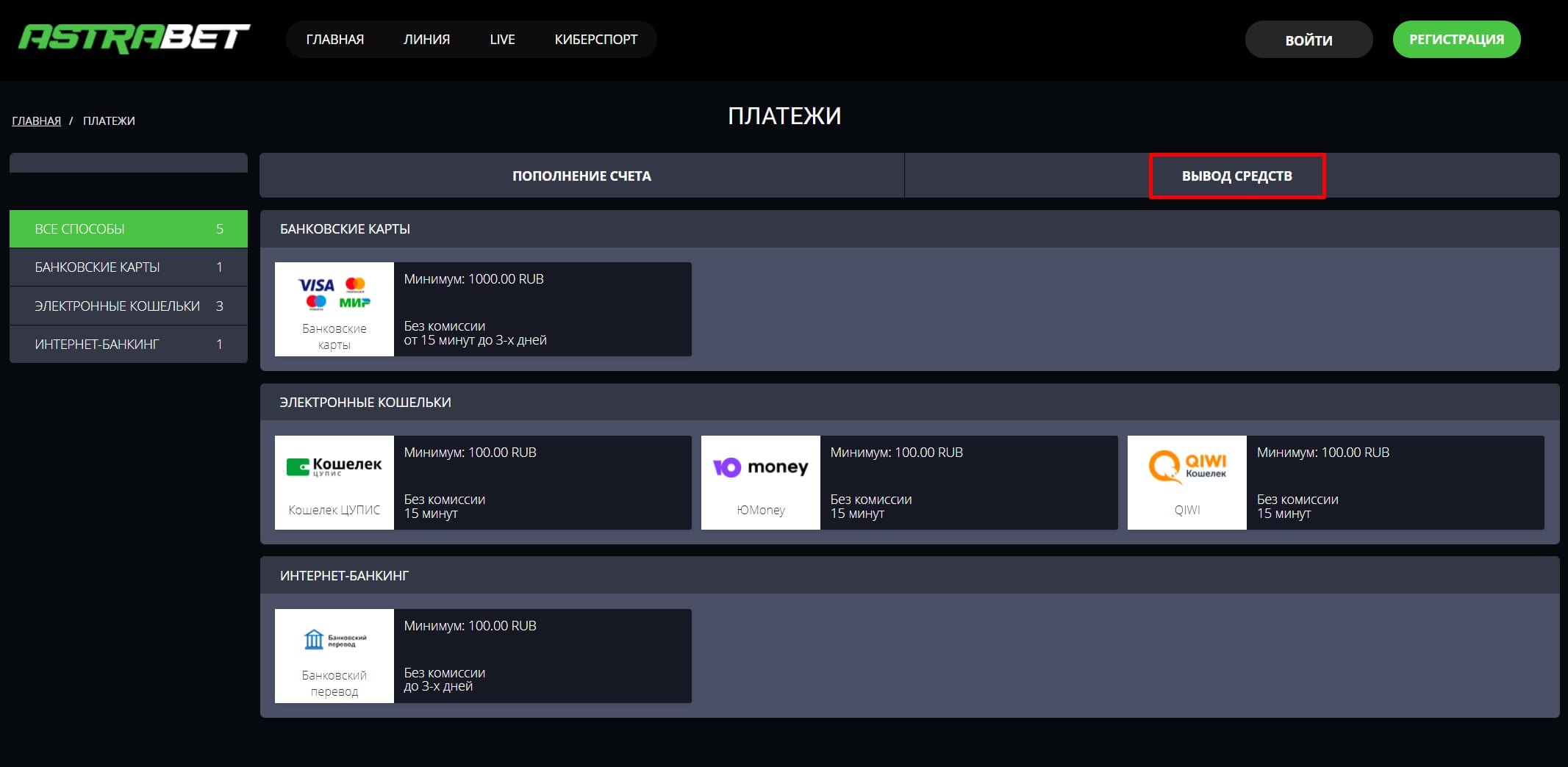 Вывод средств БК Астрабет