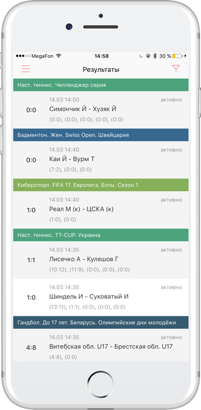 Результаты матчей в приложении Фонбет